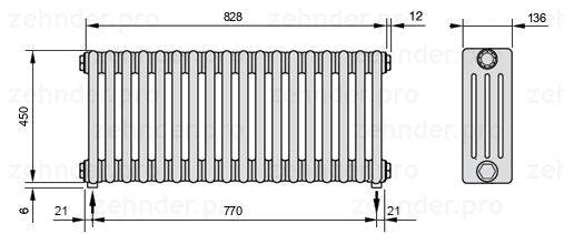Схема (чертеж) Радиатор Zehnder Charleston 4045/18 №3570 Белый глянцевый RAL 9016